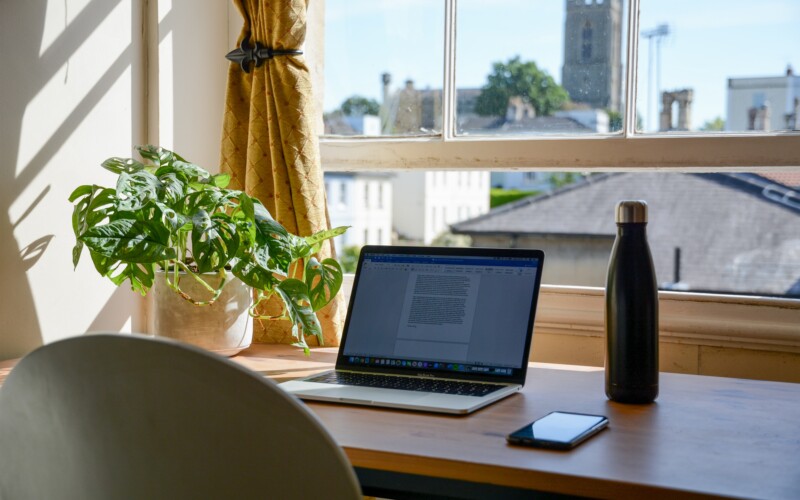 macbook pro on brown wooden table in front of a window by a plant pot