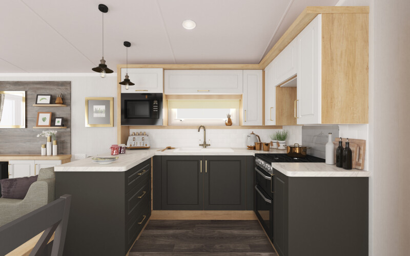 Dark Grey and Wood Kitchen Inside 2024 Swift Bordeaux 38x12 2 Caravan